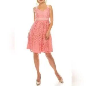 ADRIANNA PAPELL FULL LACE EYELET PLEATED KNEE LENGTH CORAL PINK DRESS SIZ…
